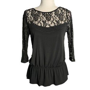 Belldini Rhinestone Peplum Top M Black 3/4 Lace Sleeves Elastic Stretch Knit